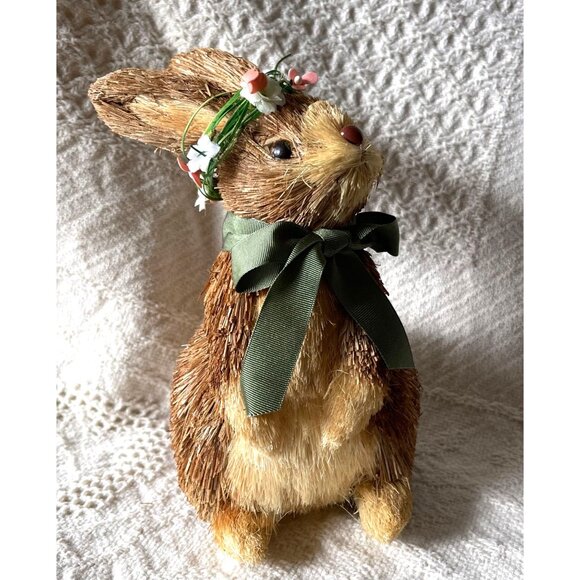 Pier 1 Adorable Straw Bunny With Green Ribbon Bow & Floral Crown Spring - Picture 6 of 7